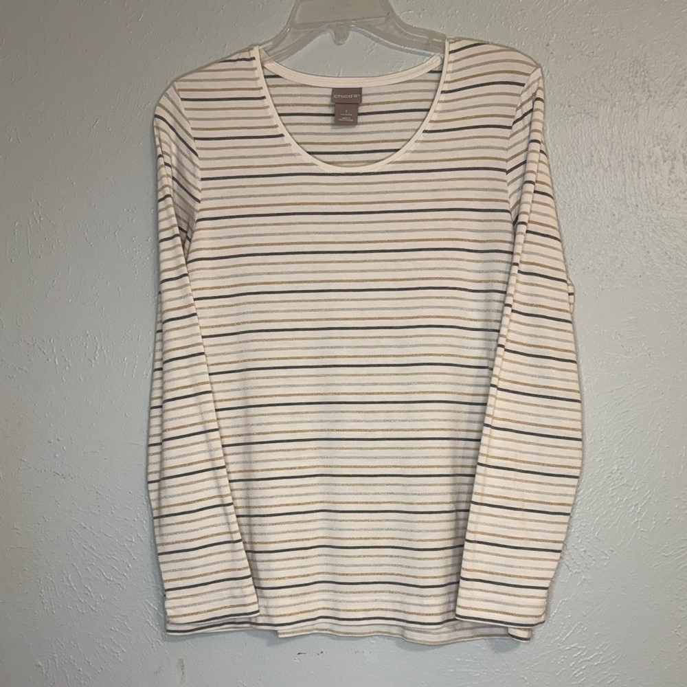 Chico's 1 (M) Cream and Black Striped with Silver and Gold Long Sleeve Tee